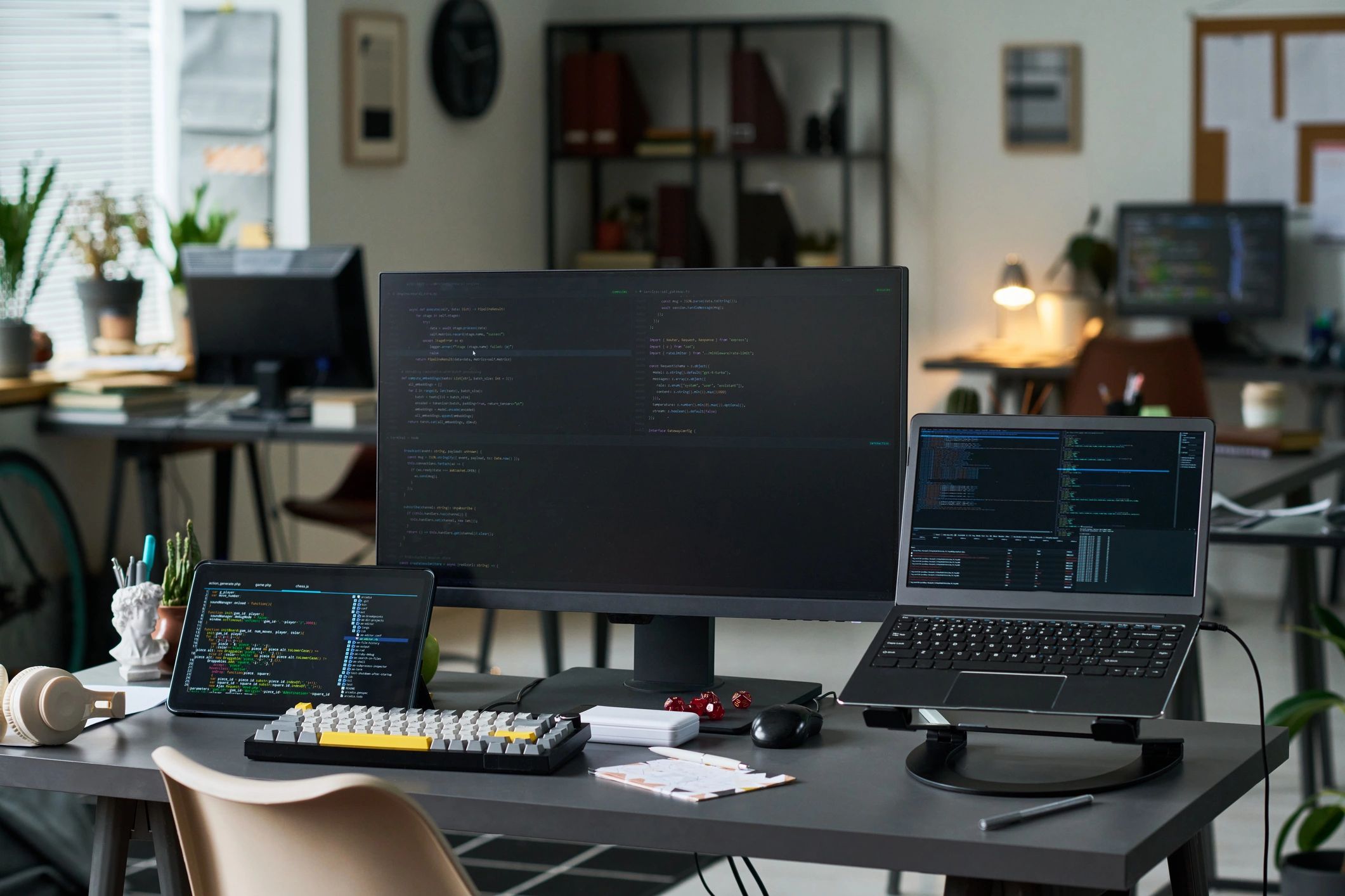 Developer workspace with code on screens
